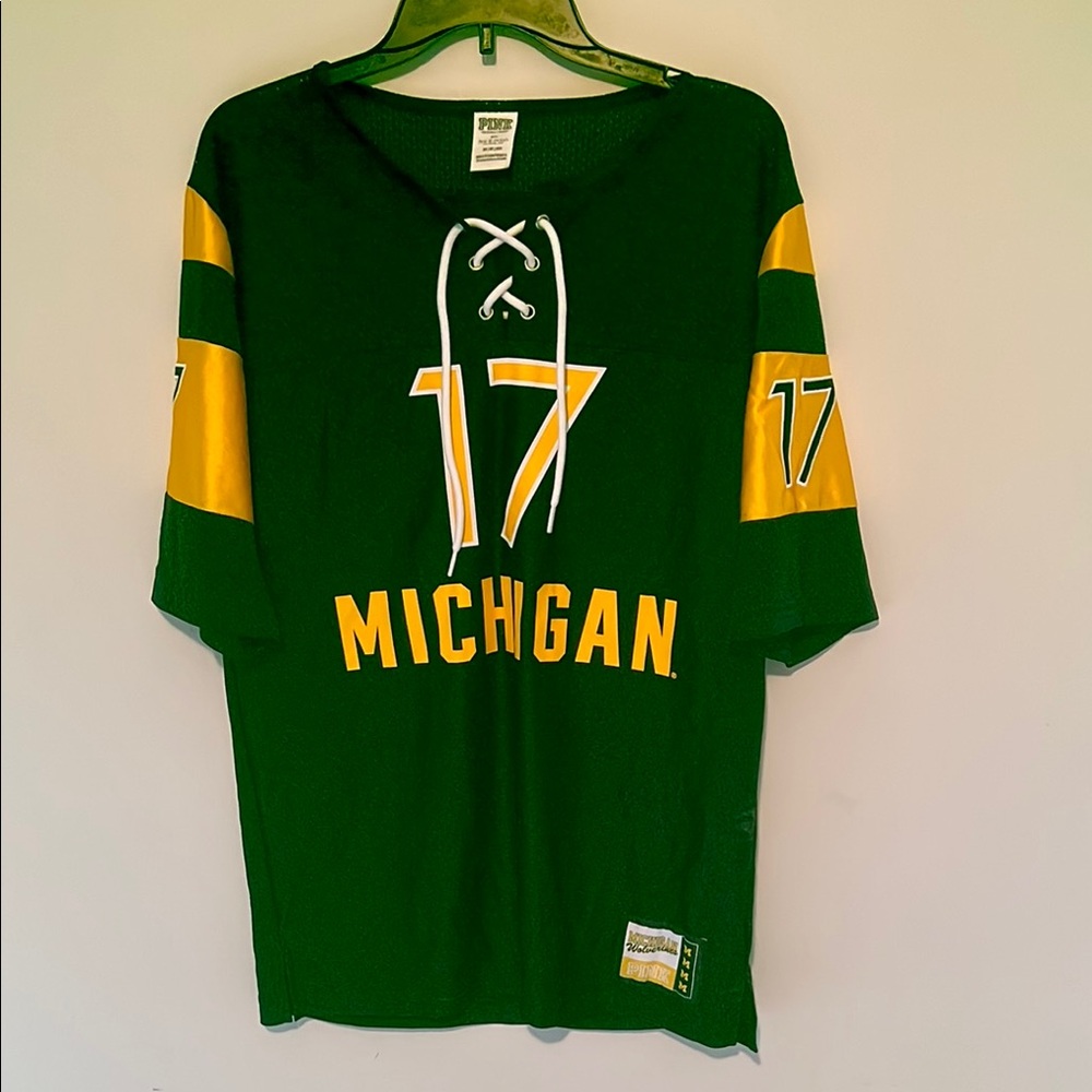 PINK Victoria's Secret Green and Yellow Jersey Shirt size XS Michigan Wolverines